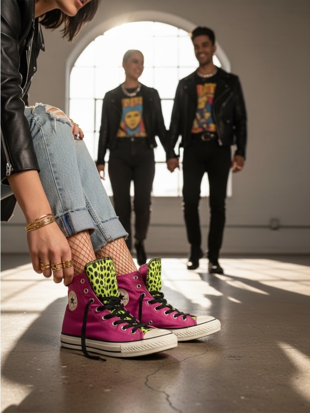 Converse All Star High-Top Sneakers in Magenta with Green Leopard Lining - Picture 3 of 12